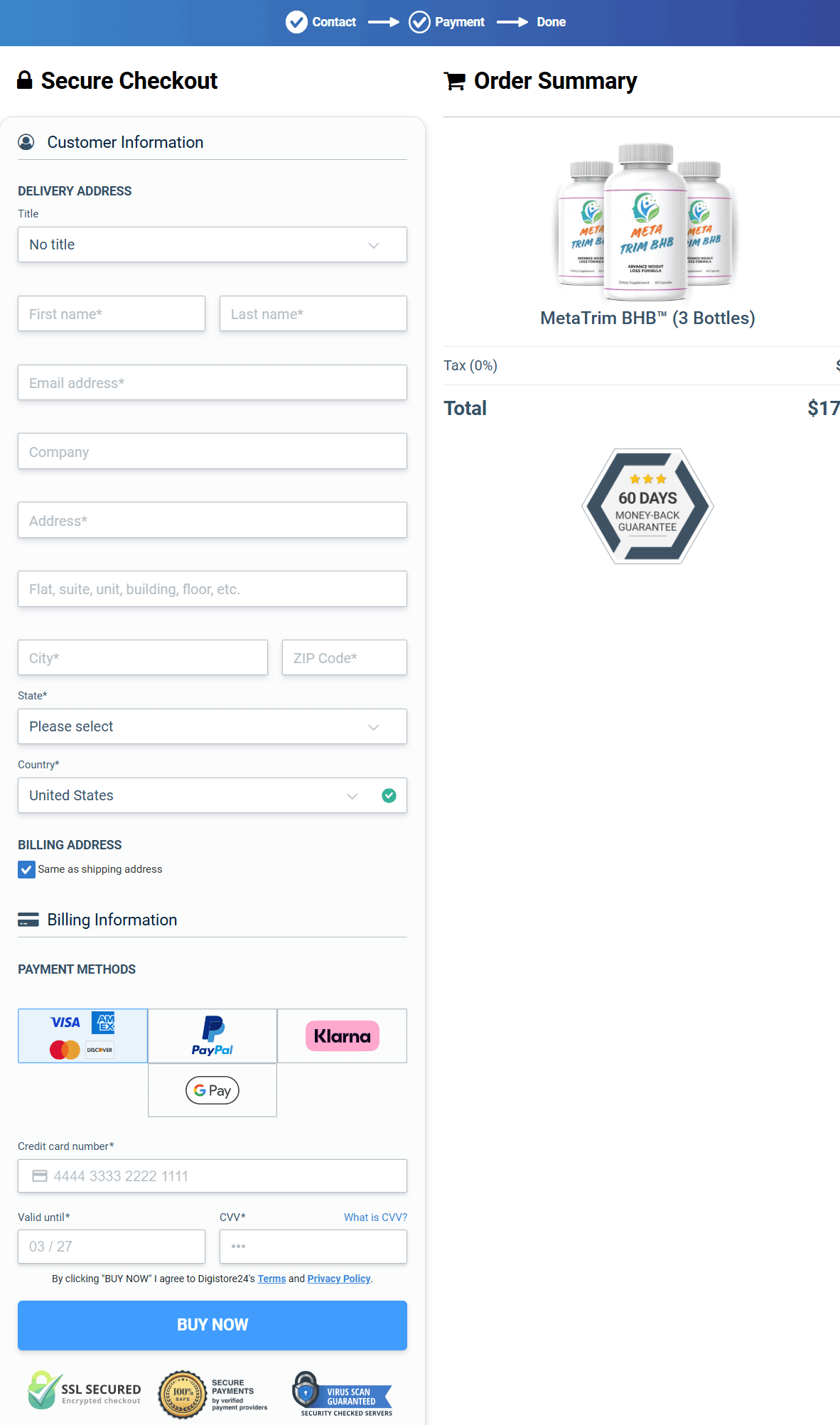 MetaTrim BHB-secure checkout page